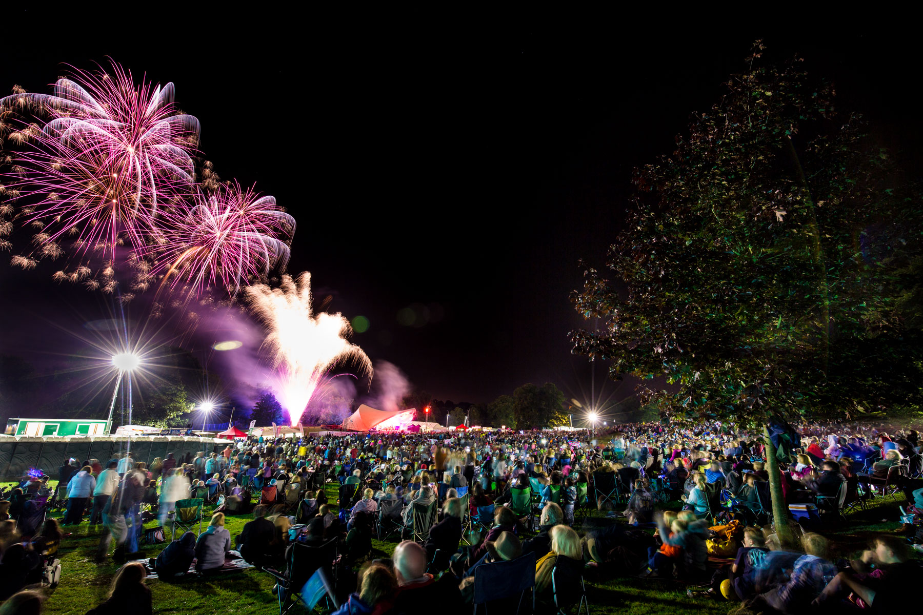 Purple fireworks over the satge at Proms in the Park, Derby 2015