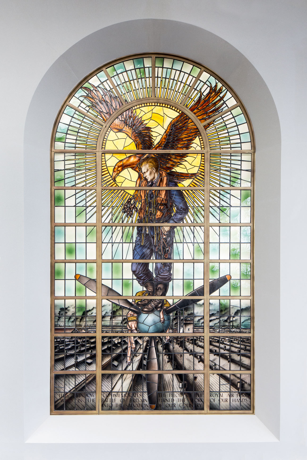 High resoltion photograph of the Rolls-Royce Battle of Britain memorial stained-glass window in Derby