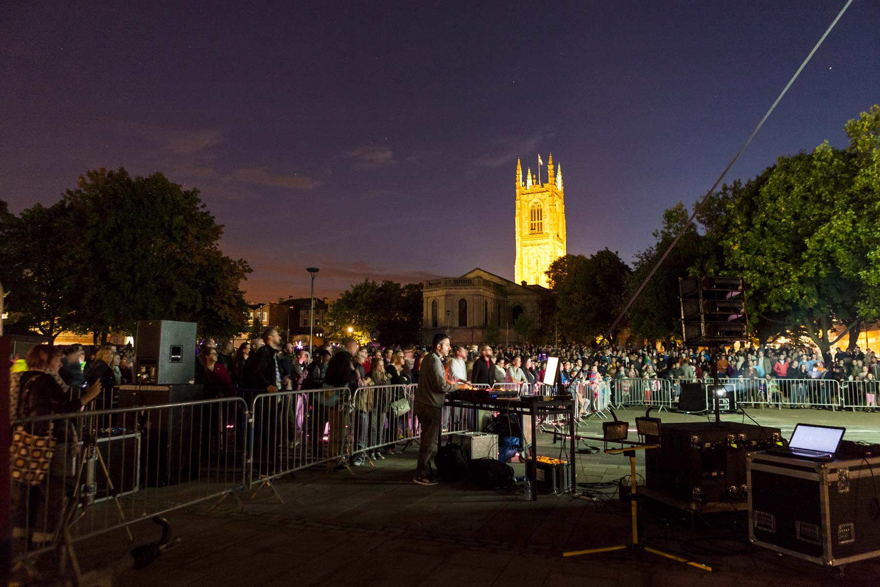 Open air DJ against Derby Cathedral