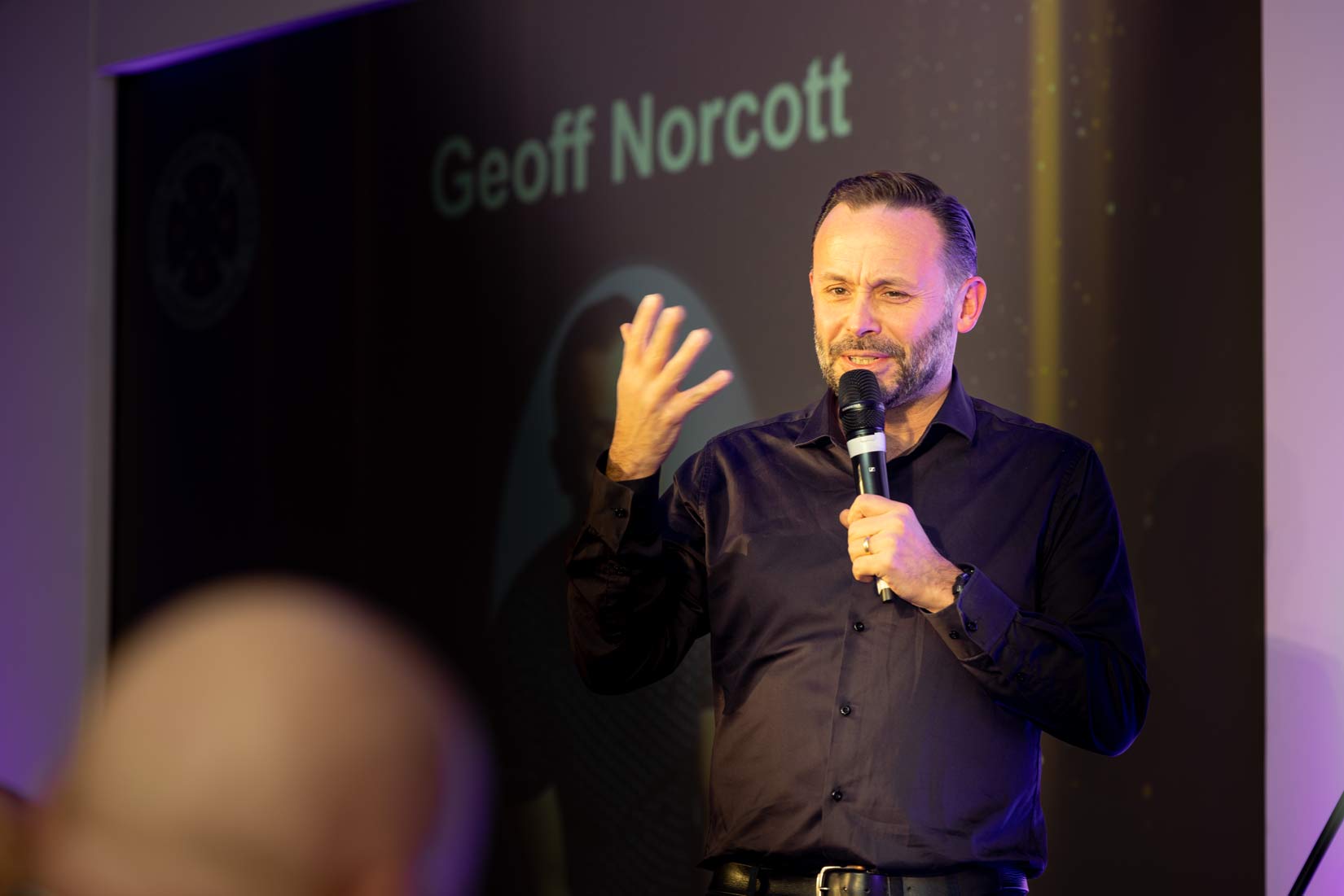 Comedian Geoff Norcott performing as an after dinner speaker at a gala event in Manchester.